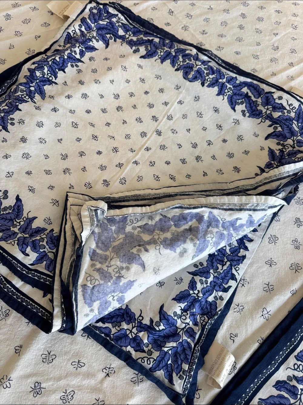 Williams Sonoma blue white French Provence floral block print tablecloth napkins